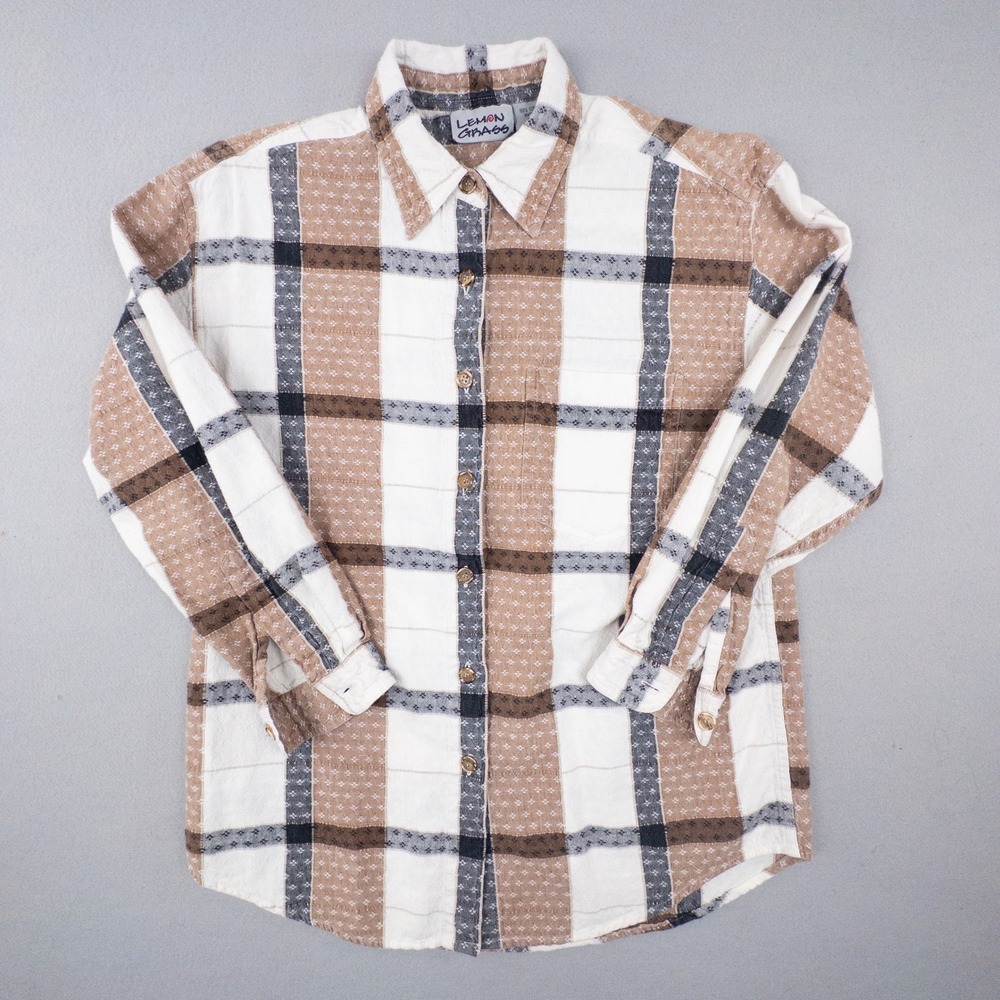 Lemon Grass‎ Mens Plaid Button Down Shirt Brown Cream Navy Cotton Size M